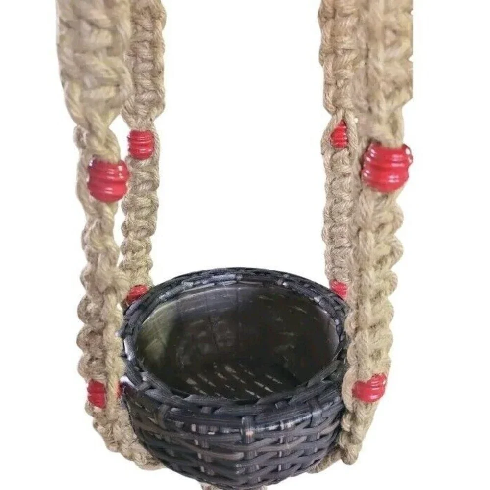70s Macrame Thick Jute Plant Hanger 72” Long Natural Brown Boho Chunky Red Beads